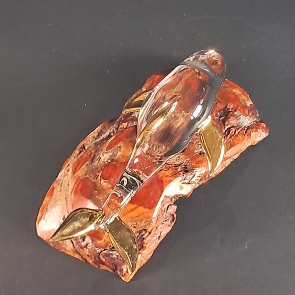 Glass Baron Clear Glass Dolphin Sculpture W 22 K Gold Accents On Burl Wood Base - Picture 10 of 10